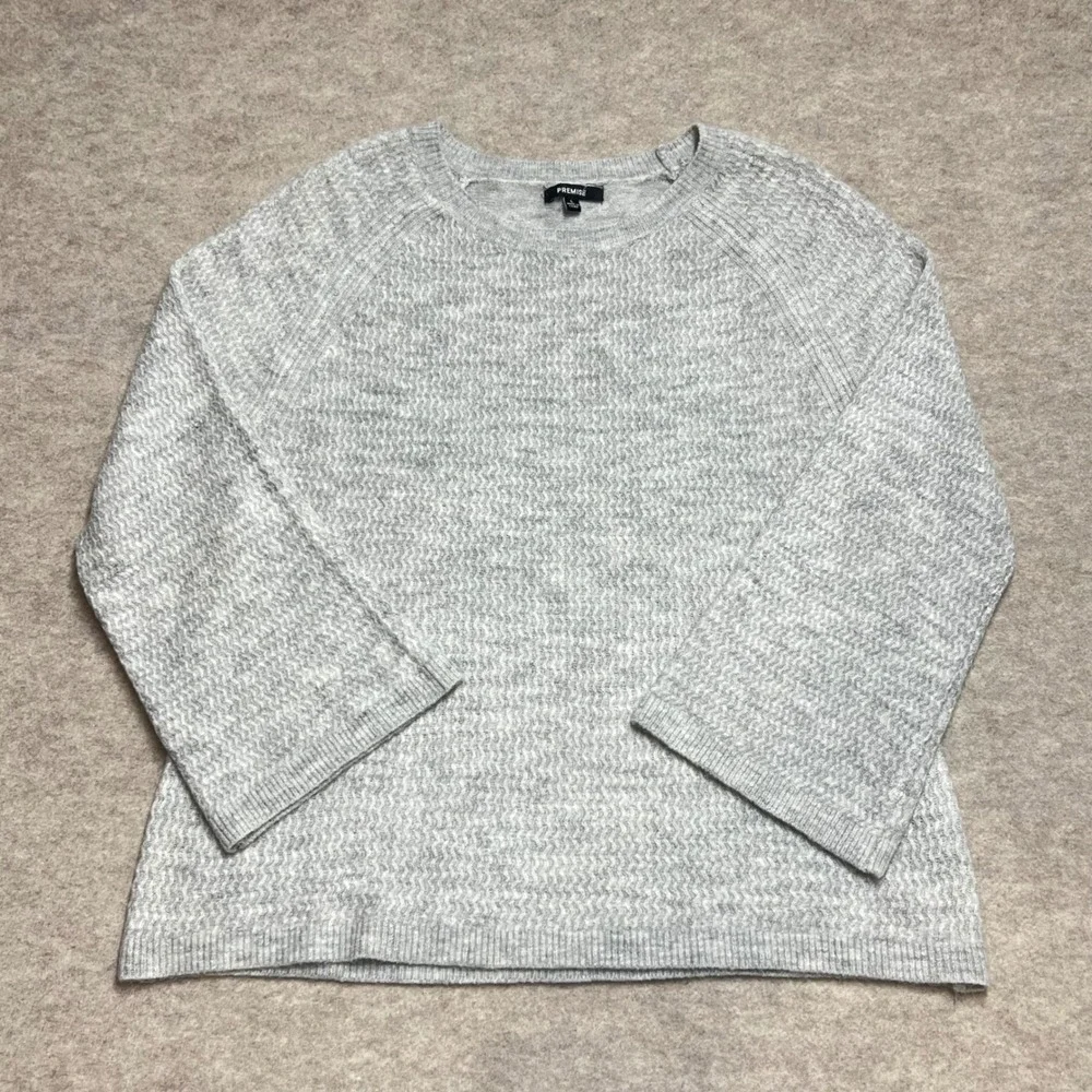 Premise Gray Textured Knit Sweater Wide 3/4 Sleeve Crew Neck Lg EUC Minimalist‎